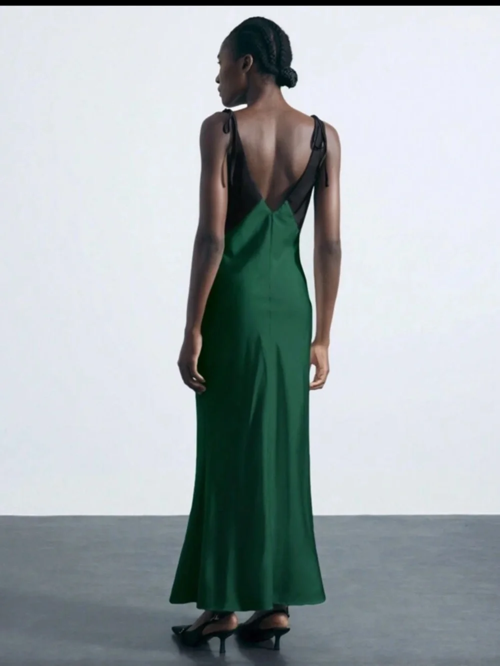 Satin Two-Tone Maxi Slip Dress in Emerald Green - Picture 4 of 4